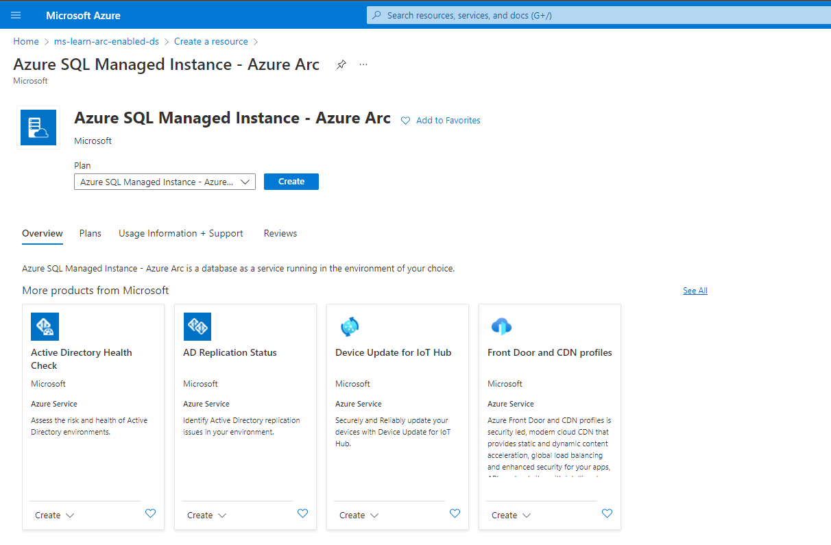 Screenshot of Azure Arc-enabled SQL Managed Instance - Azure Arc create resource