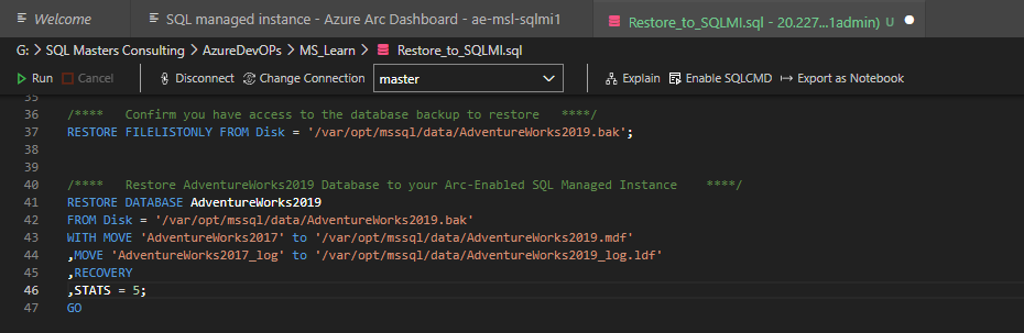 Screenshot of Azure Arc-enabled SQL Managed Instance - DB Restore.