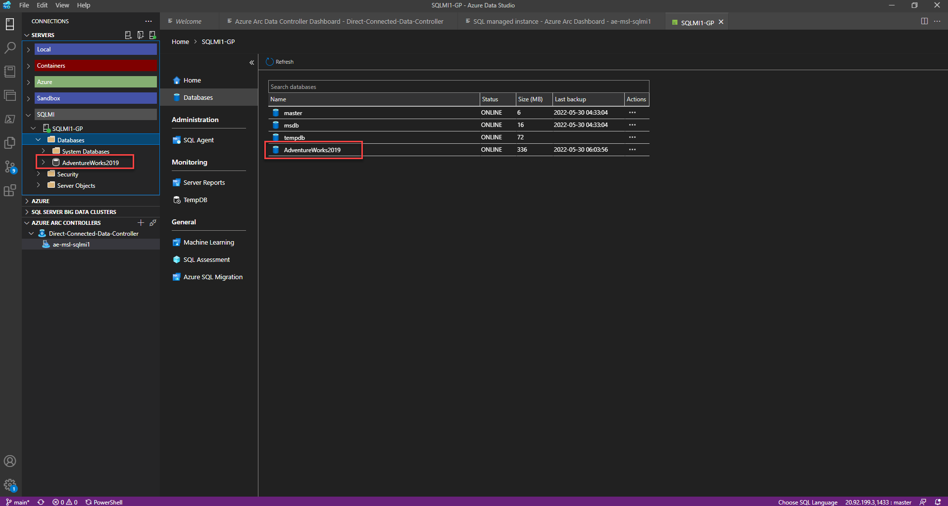Screenshot of Azure Arc-enabled SQL Managed Instance - DB Restored.