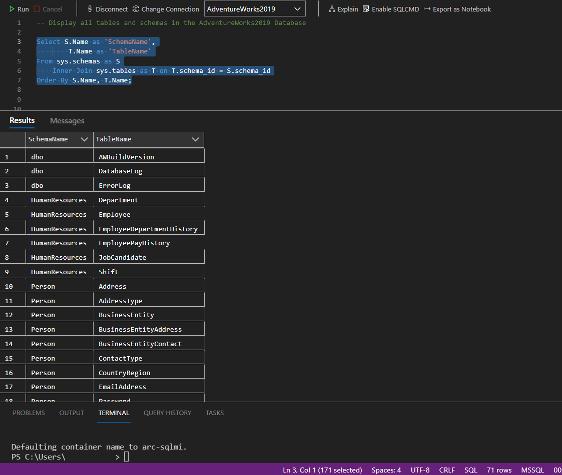 Screenshot of Azure Arc-enabled SQL Managed Instance - schema-table query and results.