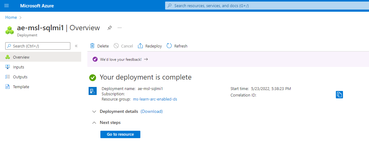 Screenshot of of Azure Arc-enabled SQL Managed Instance - deployment complete.