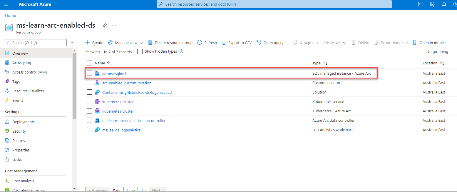 Screenshot of Azure Arc-enabled SQL Managed Instance - resource group.