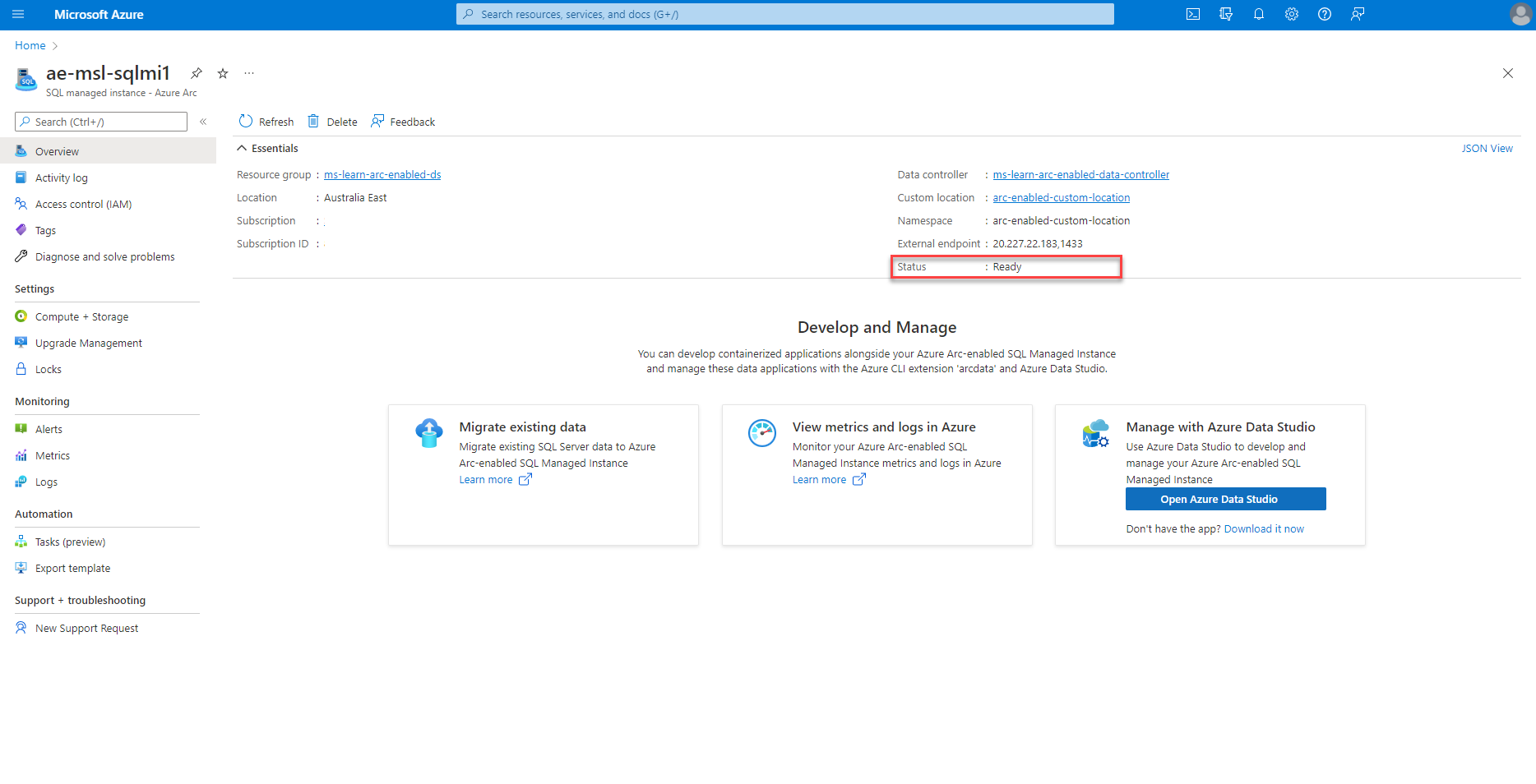 Screenshot of Azure Arc-enabled SQL Managed Instance - status ready