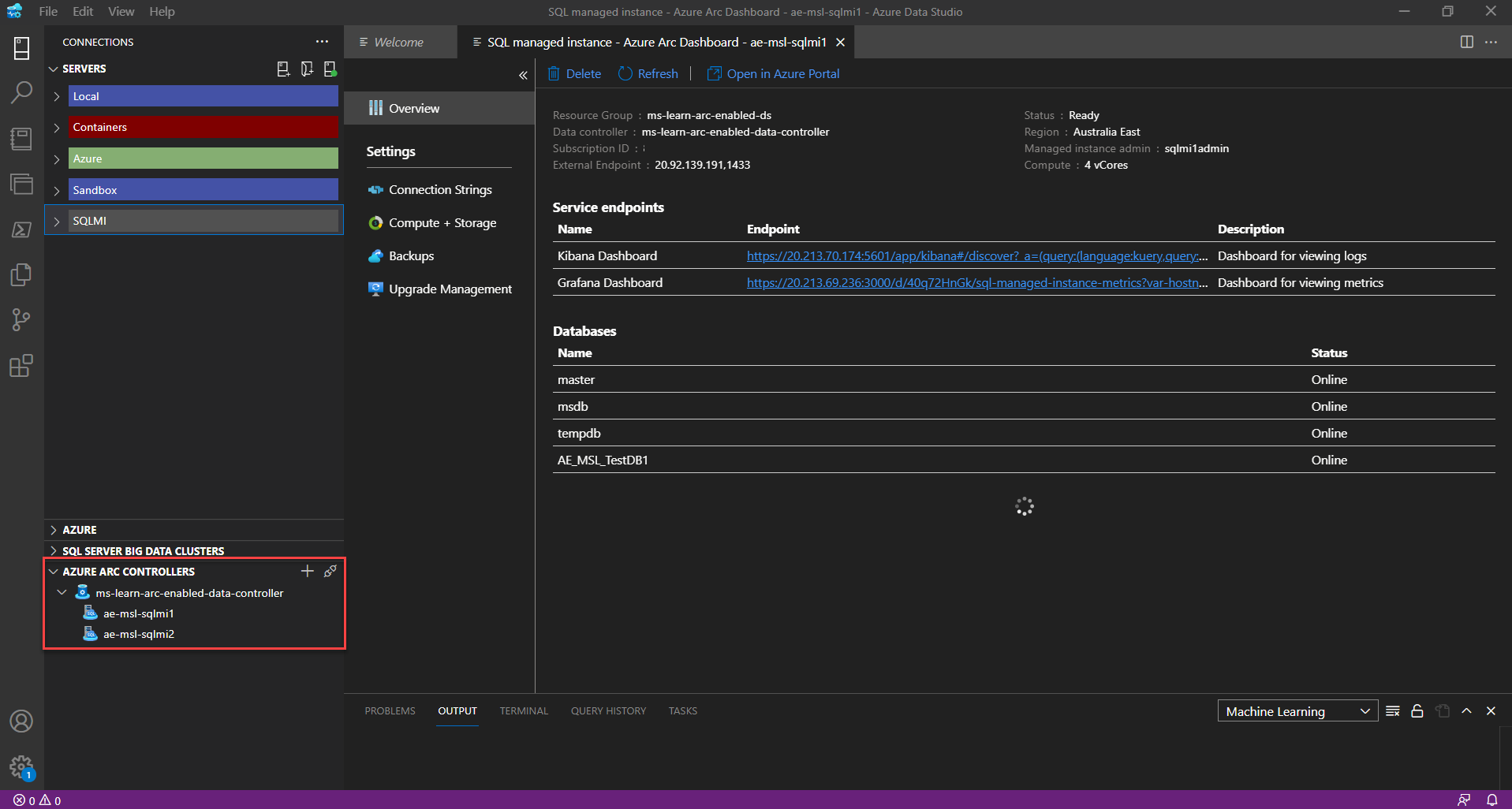 Screenshot of Azure Arc-enabled SQL Managed Instance - Manage.