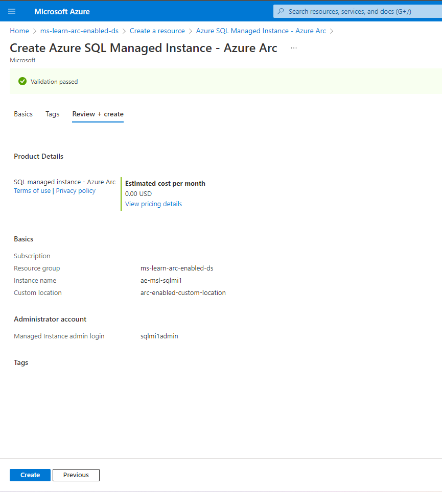 Screenshot of Azure Arc-enabled SQL Managed Instance - Review and Create