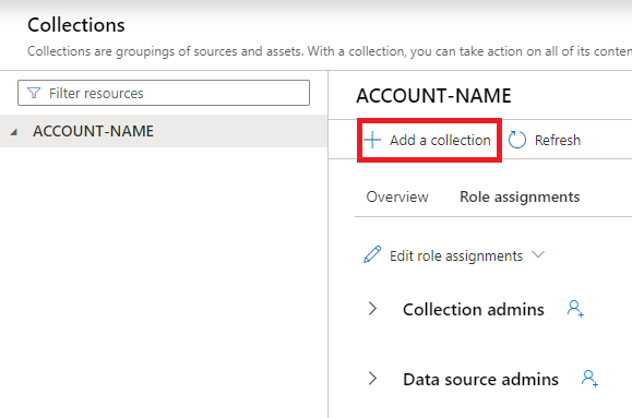 Screenshot of the Microsoft Purview governance portal root collection page, with the Add a collection button highlighted.