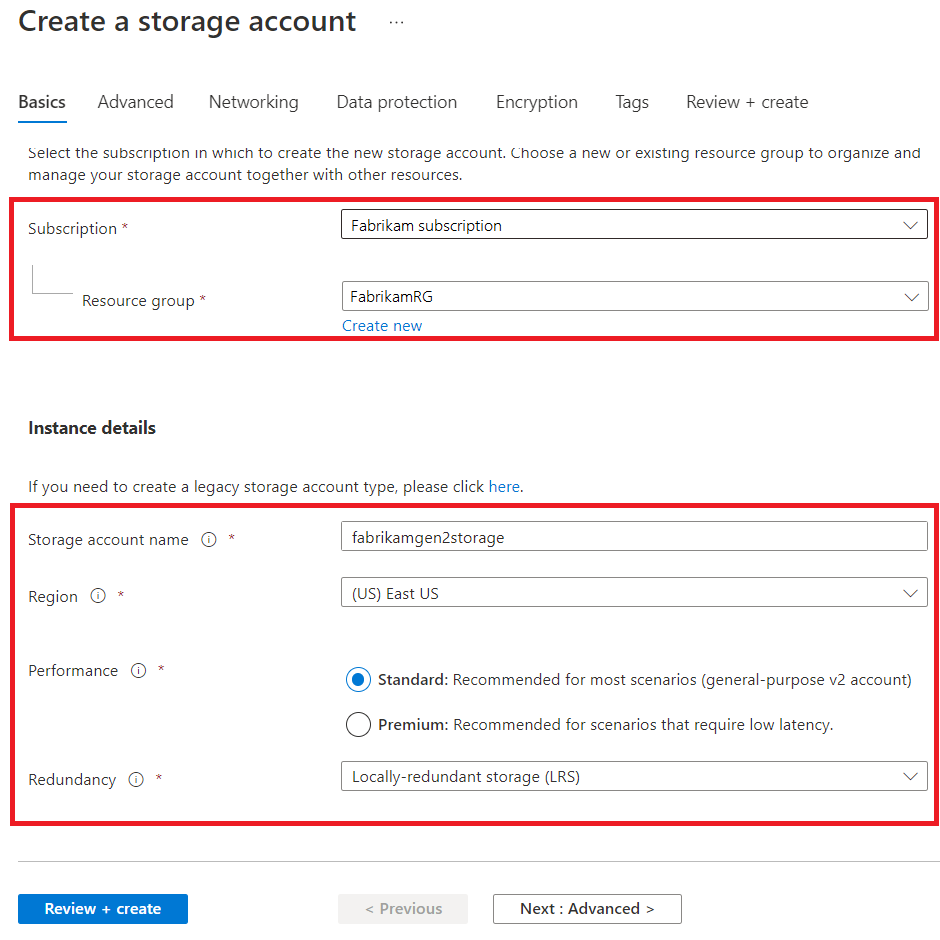 Screenshot of the Create a storage account window basics tab with subscription, resource group, storage account name, performance, and redundancy options highlighted.