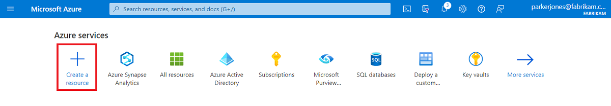 Screenshot of Azure portal with the Create a Resource button selected in the Azure services menu at the top of the window.