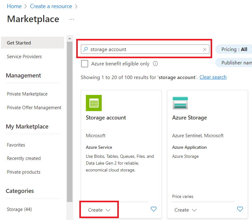 Screenshot of Azure Marketplace, with storage account in the search bar, and the create menu selected under Storage account.