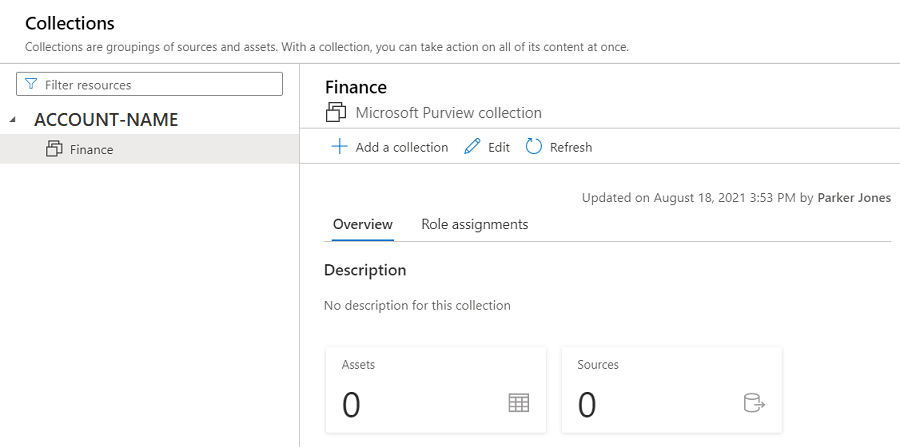 Screenshot of the newly created collection called 'Finance'. It has its own window where you can also edit, add role assignments, or a new collection.