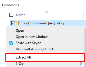 Screenshot of the BingCoronavirusQuerySet zip file with the menu open and Extract All highlighted.