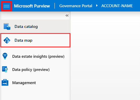 Screenshot of the Microsoft Purview governance portal left hand menu, with Data map highlighted.