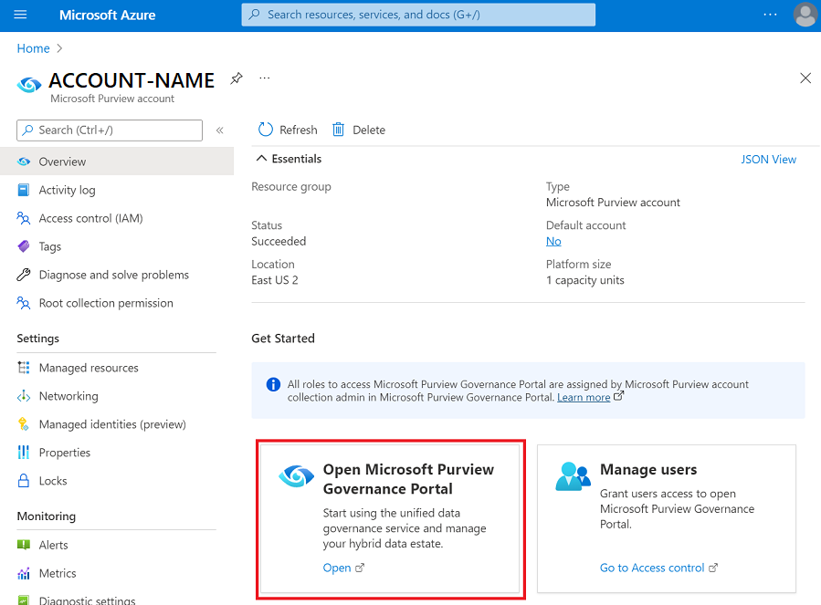 Screenshot of the Microsoft Purview account in the Azure portal, with the Open Microsoft Purview governance portal button highlighted.
