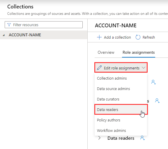 Screenshot of the Microsoft Purview governance portal root collection page, with the Edit role assignment drop-down menu opened, and Data readers selected.