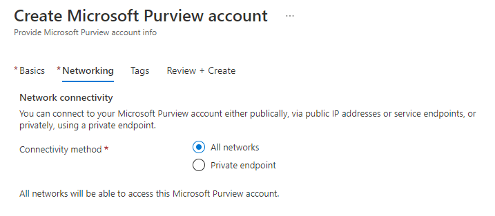 Screenshot of the networking tab of the Create Microsoft Purview account window. Connectivity method shows two options: All networks and private endpoint.