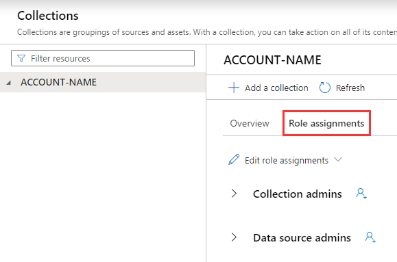 Screenshot of the Microsoft Purview governance portal root collection page, with the Role assignments button highlighted.