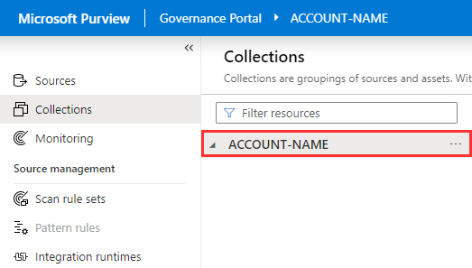 Screenshot of the Microsoft Purview governance portal Collections page, with the root collection (ACCOUNT-NAME in this example) highlighted.