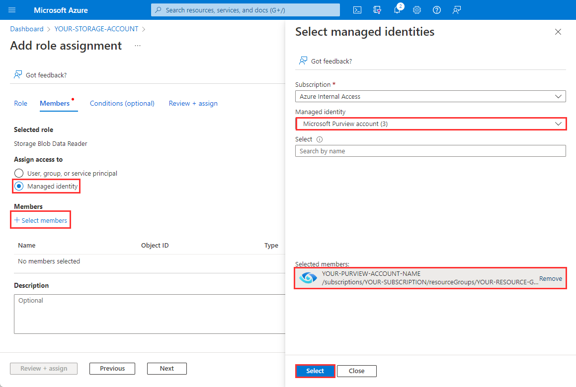 Screenshot of Add role assignment page with the Managed identity radio button selected, and the Select members button highlighted. On the Select managed identities page, the Purview account has been selected, and the Select button is highlighted.