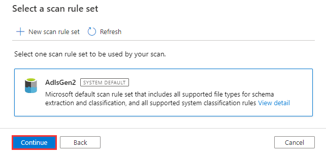 Screenshot of the select a scan rule set screen, with the AdlsGen2 system default rule set selected.