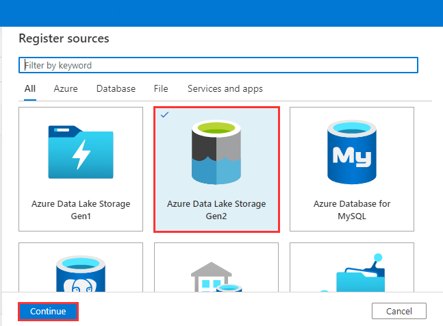 Screenshot of the register sources menu with Azure Data Lake Storage Gen2 selected.