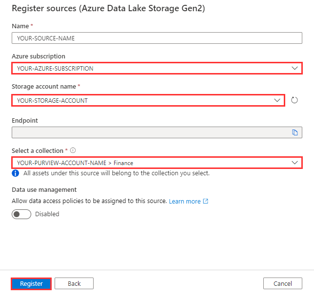 Screenshot of the register Azure Data Lake Storage Gen2 menu, with the required fields highlighted: Subscription, storage account name, and collection.