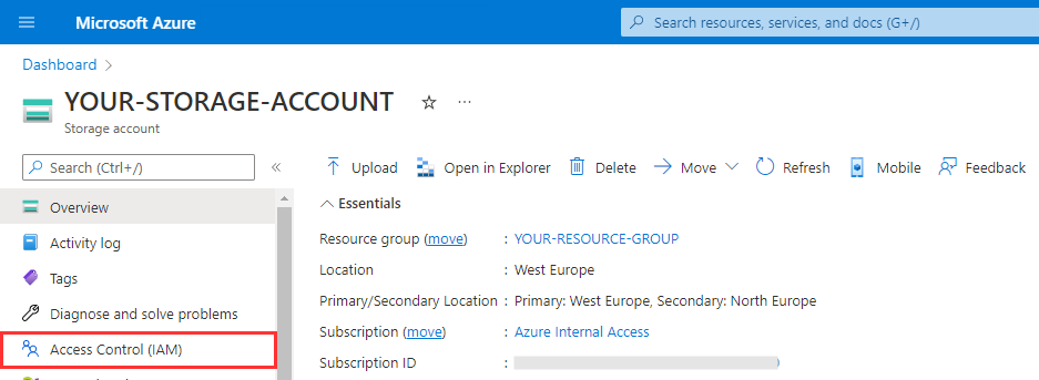 Screenshot of a storage account in the Azure portal, with Access Control (IAM) highlighted in the left menu.