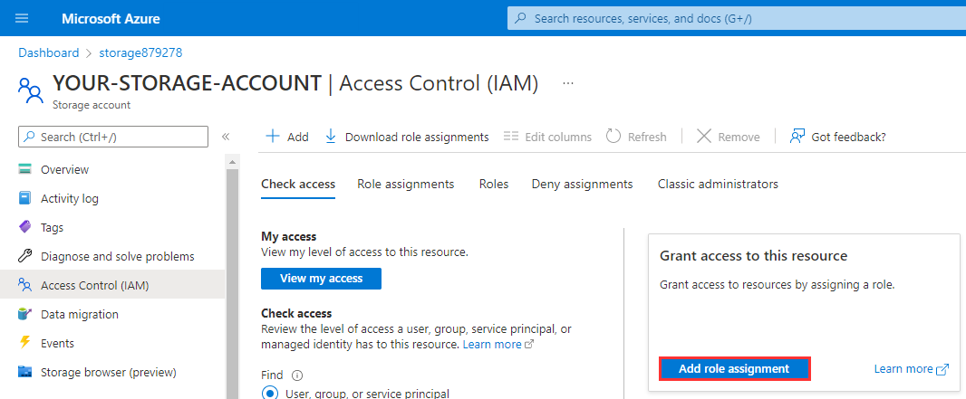 Screenshot of Access Control menu in a storage account with the 'Add role assignment' button highlighted.