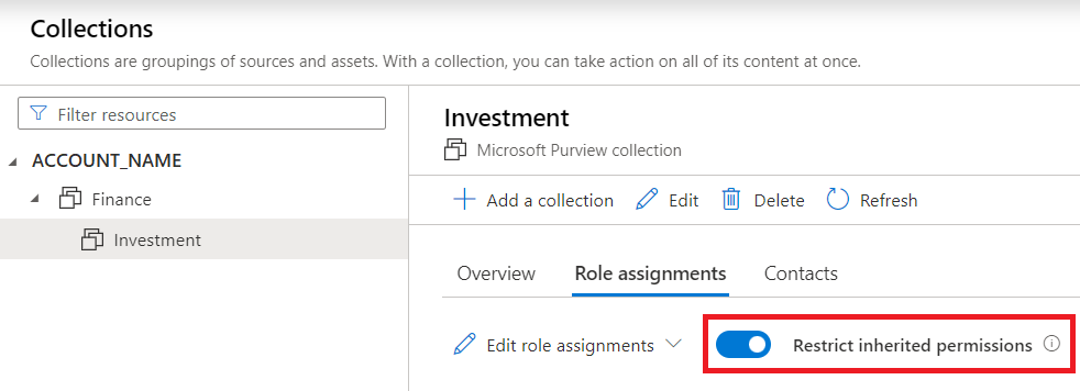 Screenshot of the newly created collection called 'Investment', selected and open to the Role assignments tab. The Restrict inherited permissions option has been turned on.