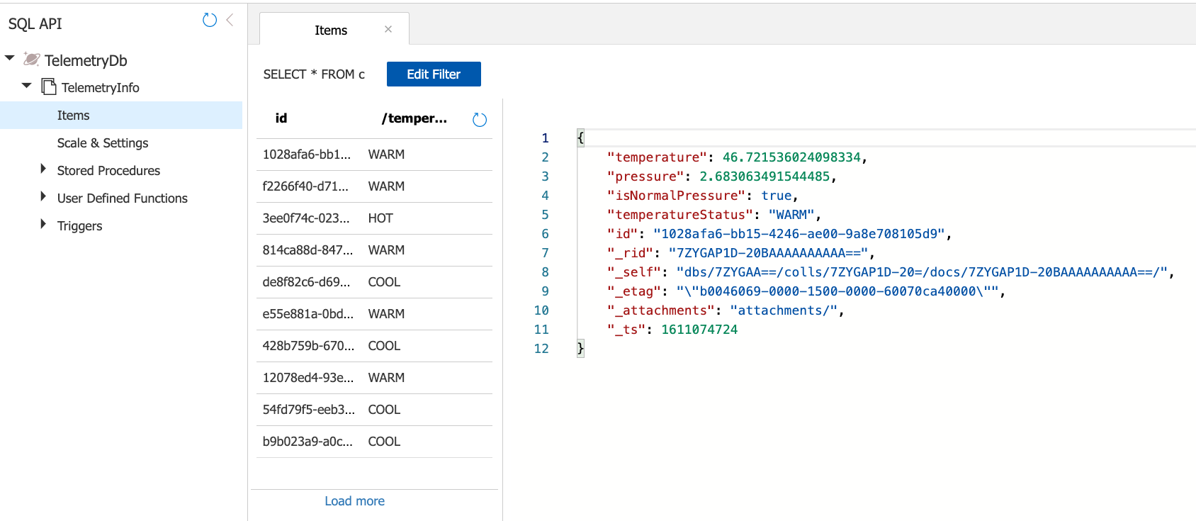 Screenshot that shows TelemetryInfo in Azure Cosmos DB Data Explorer.