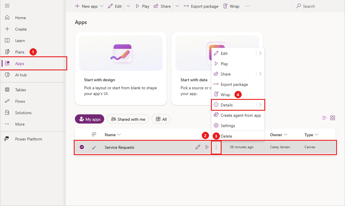 Screenshot of Power Apps, showing the Apps page with the app selected, the More Commands menu selected, and the Details option highlighted.