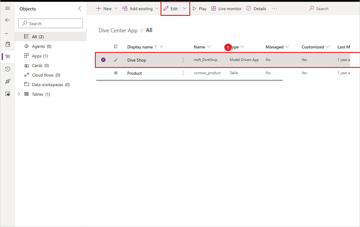 Screenshot of Power Apps with the app selected and the Edit button highlighted.