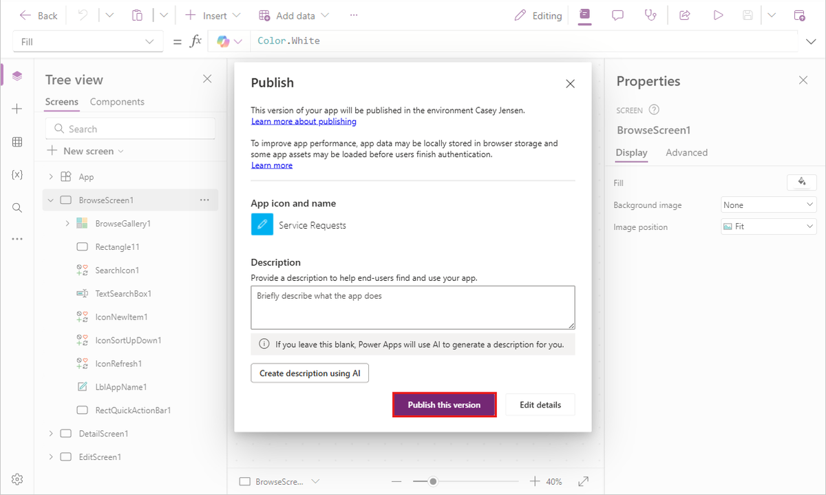 Screenshot of the Publish dialog, showing the Publish this version option.