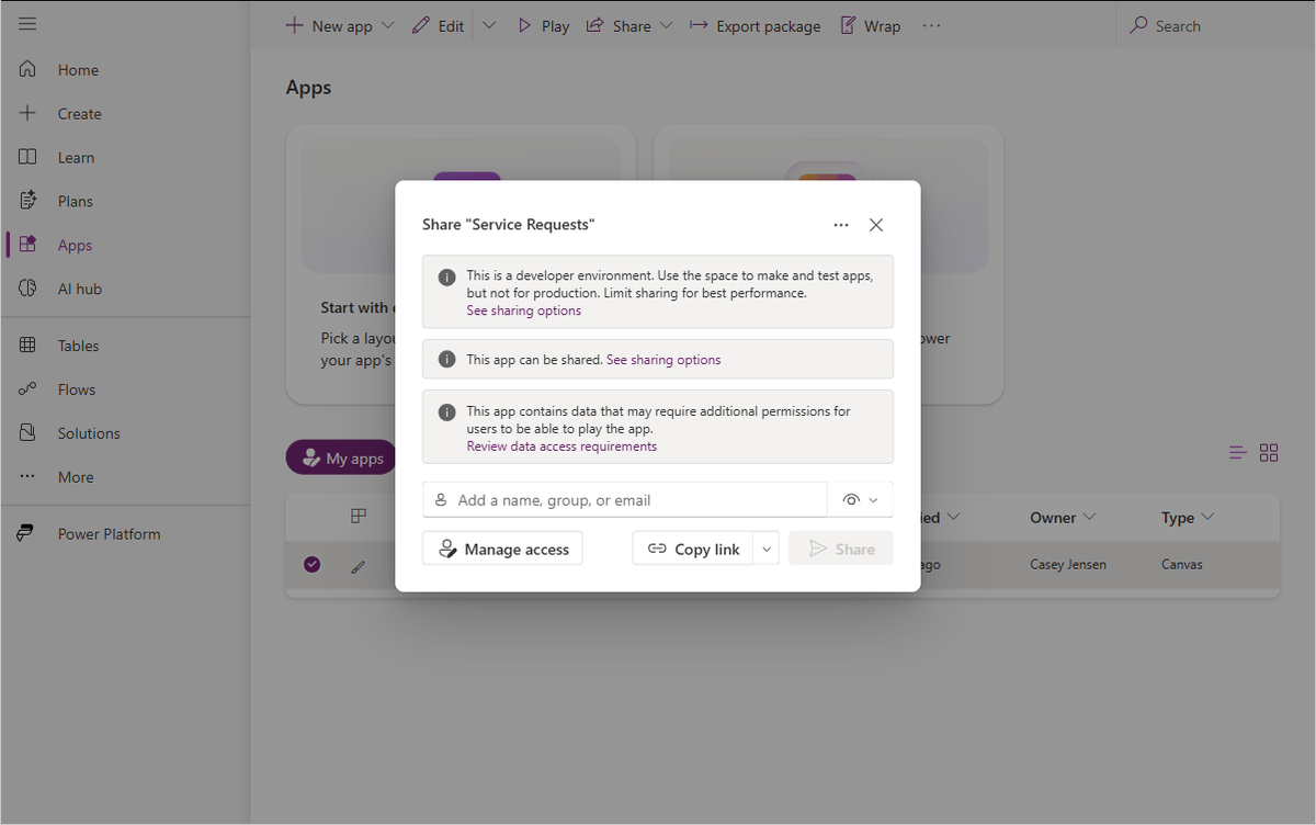 Screenshot of the Share Service Requests dialog with people selected and the Share button highlighted.