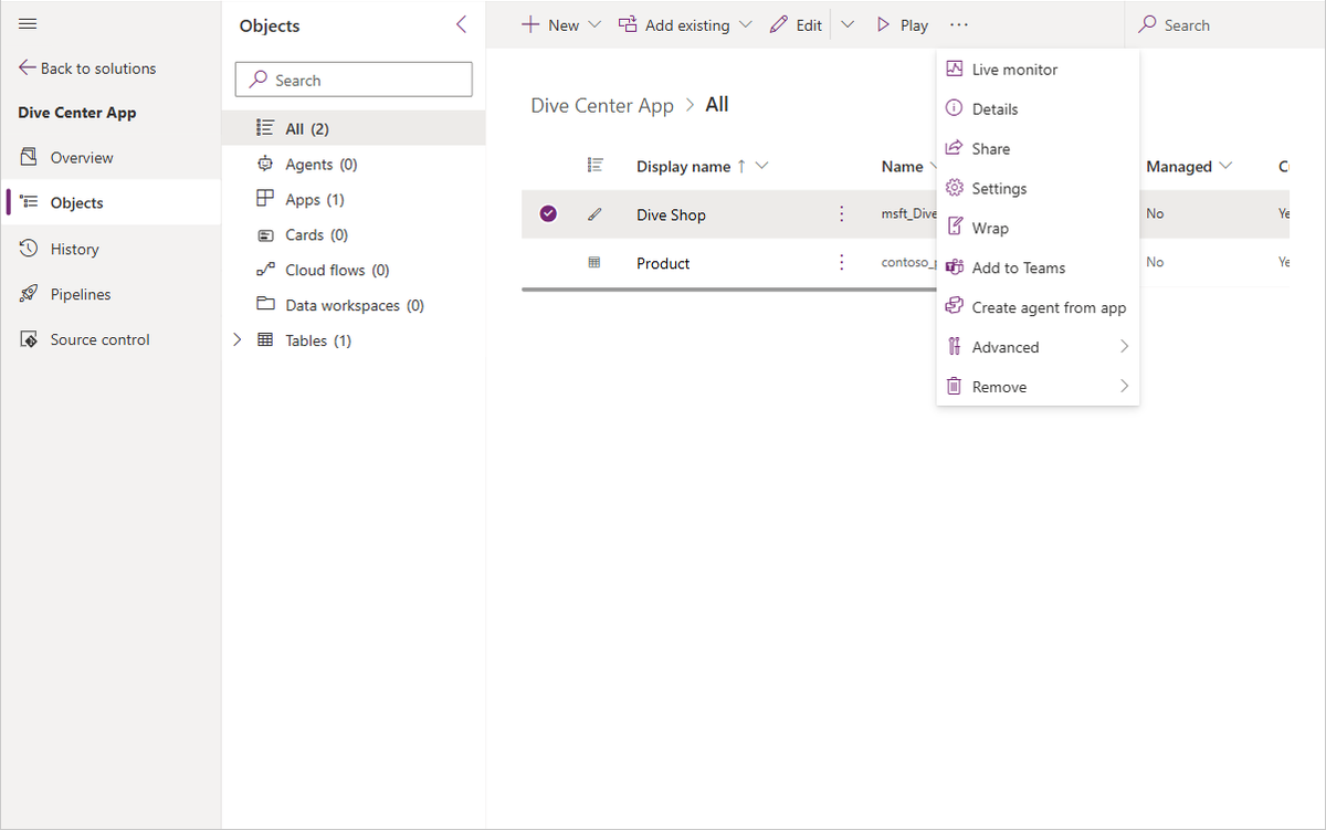 Screenshot of Power Apps, showing the model-driven app selected and the Share option highlighted.