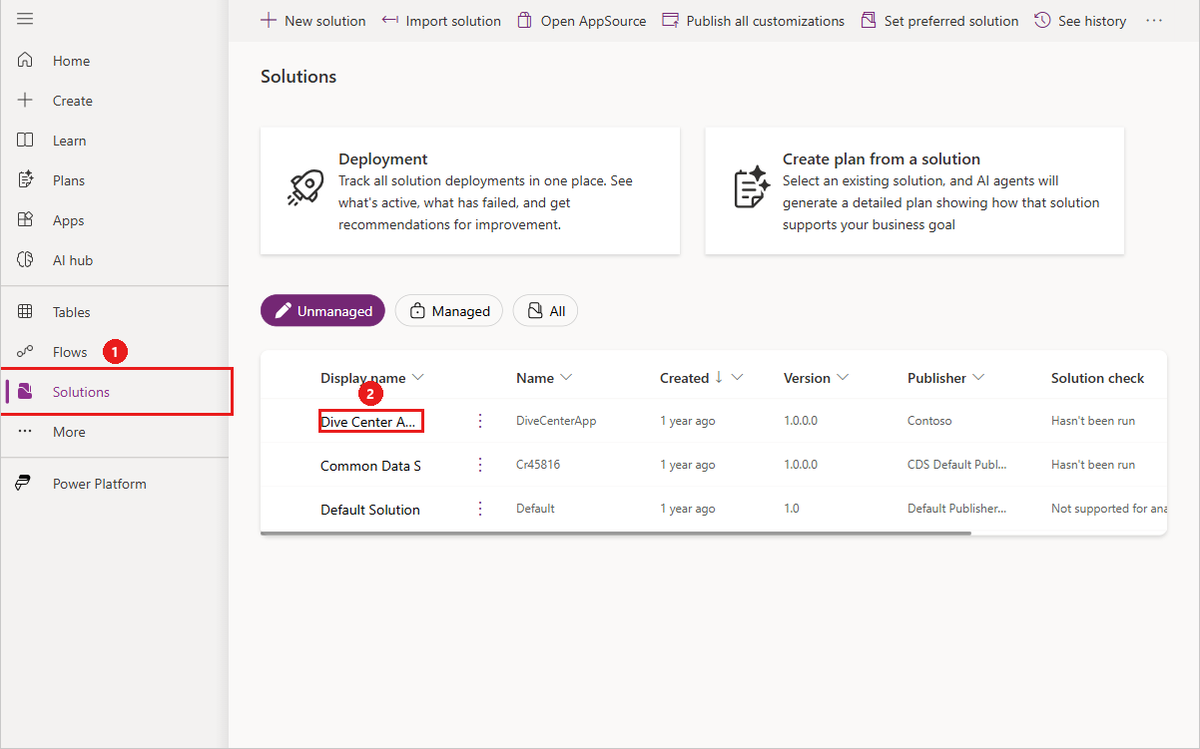 Screenshot of the Solutions page in Power Apps, showing the Dive Center App solution.