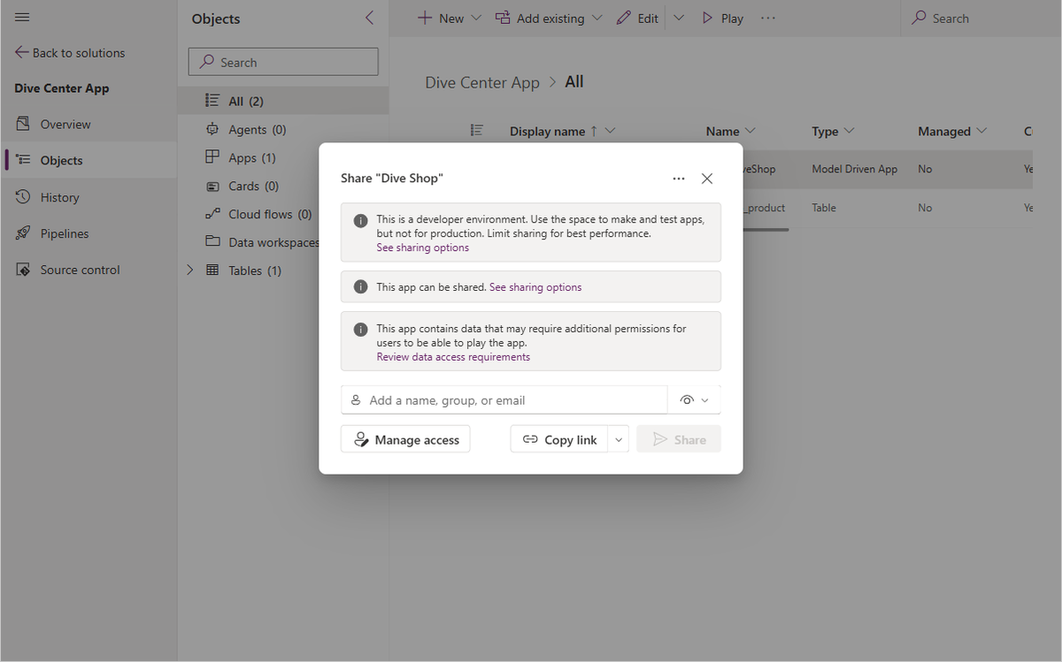 Screenshot of the Share dialog, with the People search filled in and the Share option highlighted.