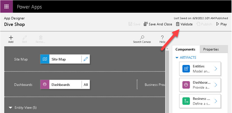 Screenshot of Power Apps with the Validate option highlighted.