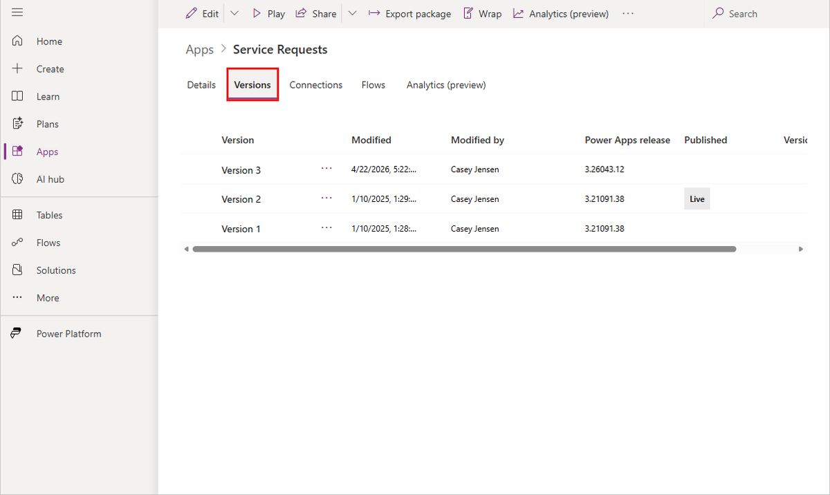Screenshot of Power Apps, showing the Apps page on the Versions tab.