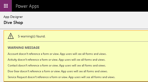 Screenshot of the Power Apps warning notification.