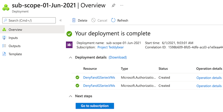 Screenshot of the Azure portal overview pane for the selected deployment.