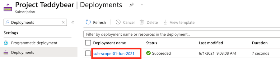 Screenshot of the Azure portal interface showing the list of deployments.