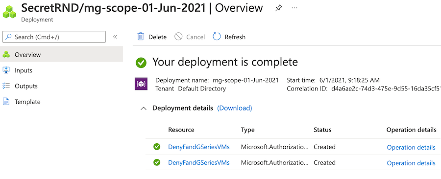 Screenshot of the Azure portal 'Overview' pane for the selected deployment.