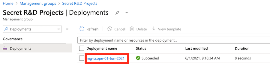 Screenshot of the Azure portal Deployments pane, highlighting the 'mg-scope-*' deployment in the list of deployments.