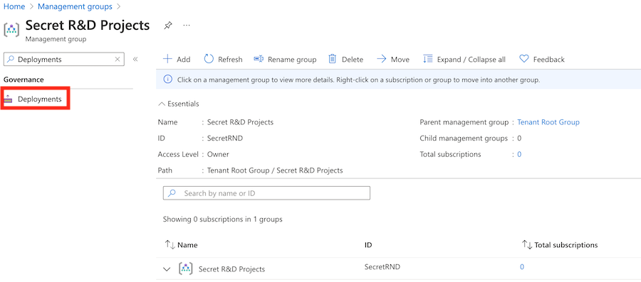 Screenshot of the Azure portal interface, showing the management group details.