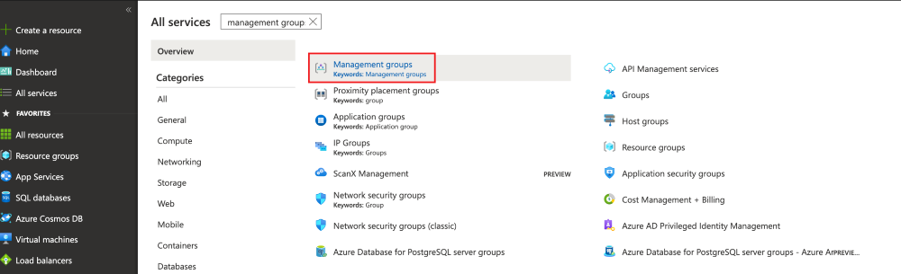 Screenshot of the Azure portal interface showing the service list with 'Management groups' highlighted.