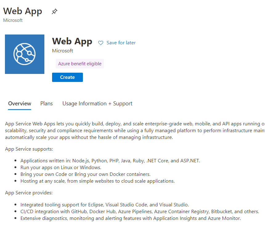 Screenshot that shows the Azure Marketplace with Web App selected.