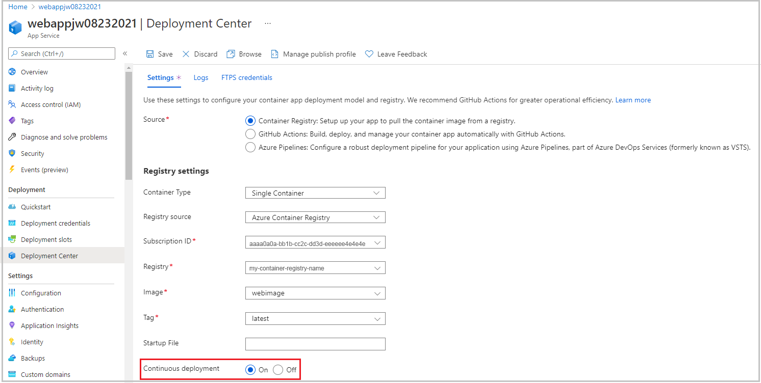 Screenshot that shows the container settings for the web app with continuous deployment enabled.