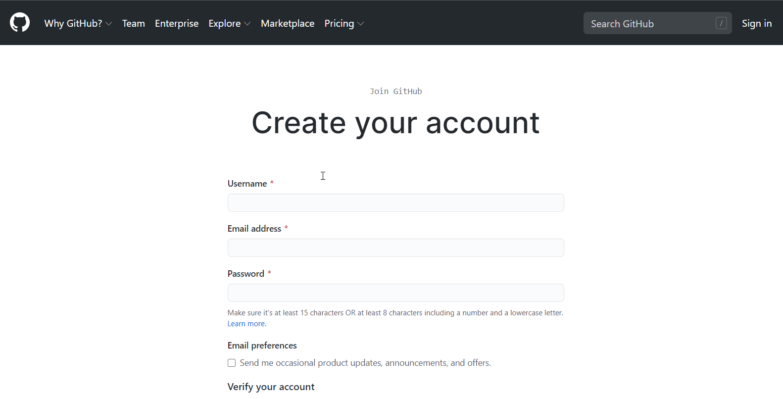 Screenshot that shows the GitHub account creation page.