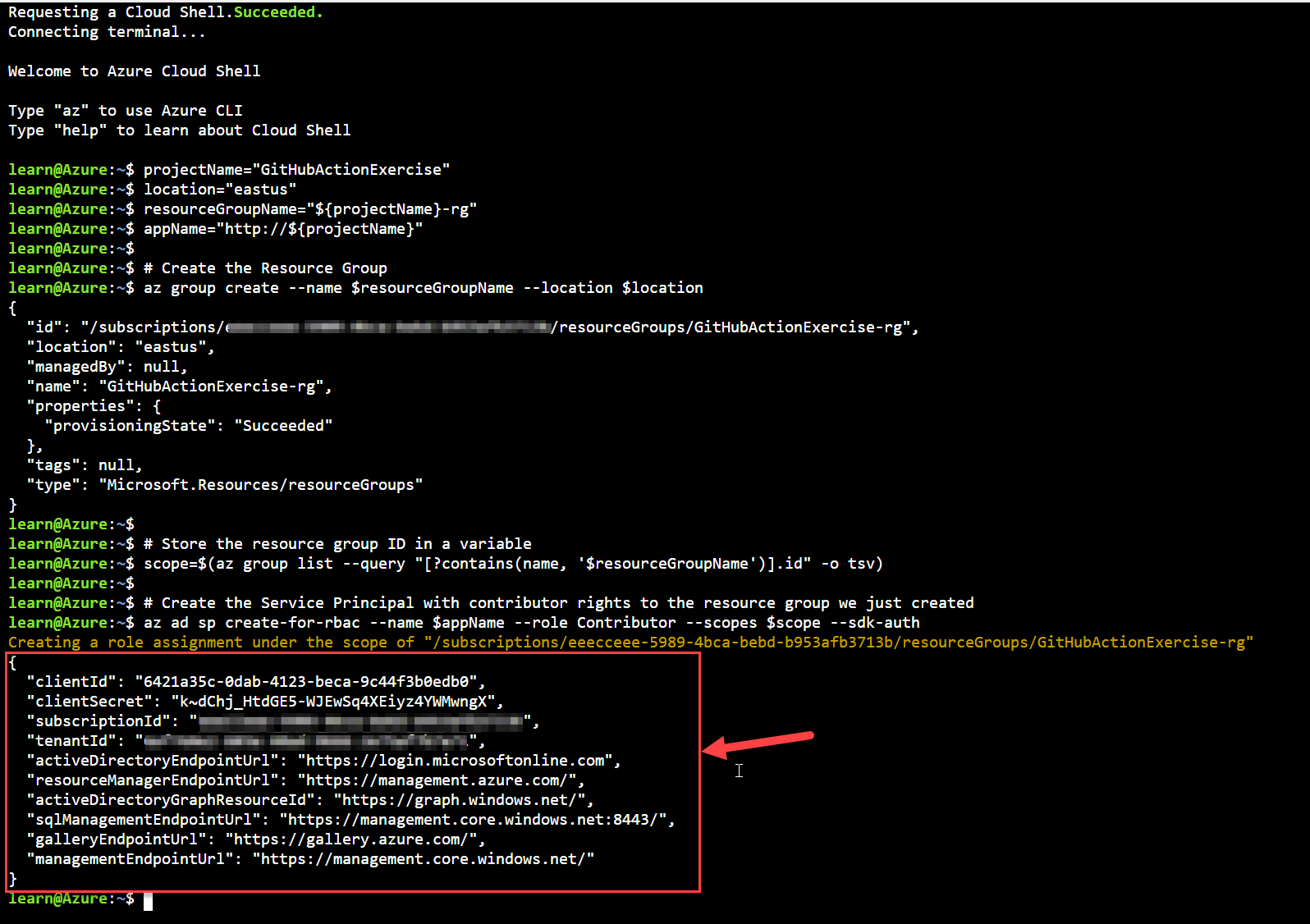 Screenshot that shows results for creating a service principal in Azure.