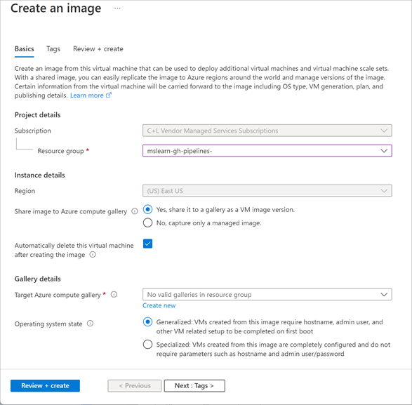 Screenshot of the Create image page in the Azure portal.